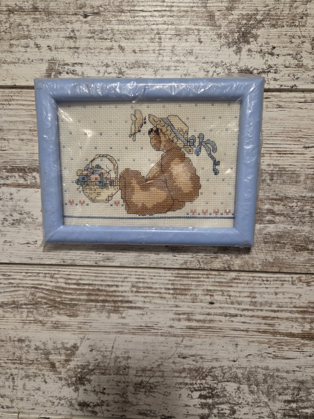 Blue Framed Cross-Stitch Teddy Artwork - Home Accents